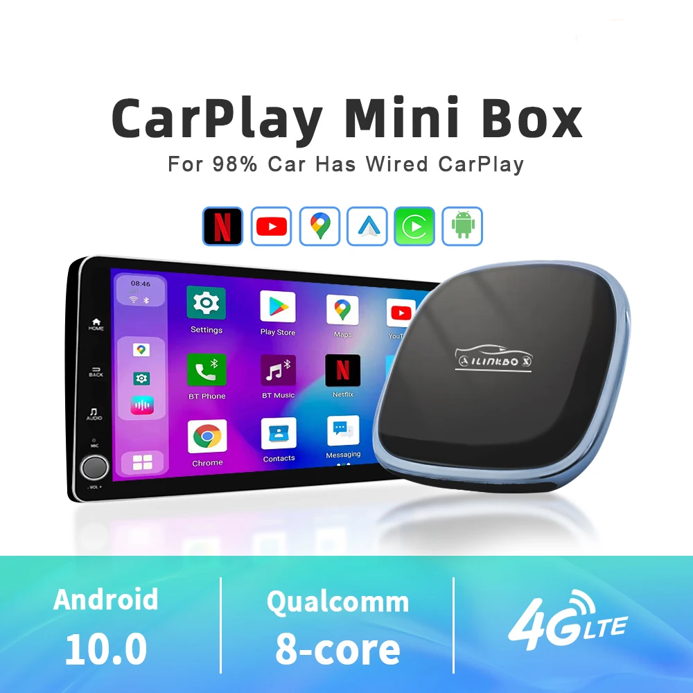 Ailinkbox Wireless CarPlay Ai Box Android Auto 10.0 System 8 Core Netflix Youtube UX999 Max Usb Bluetooth 5.0 Cat Play Adapter