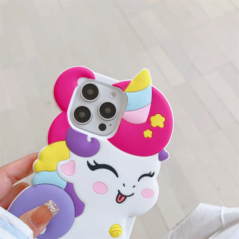 Cute 3D Cartoon Rainbow Unicorn Horse Case For iPhone 12 13 14 15 Pro Max Soft Silicone Anti Fall Cover Phone Cases