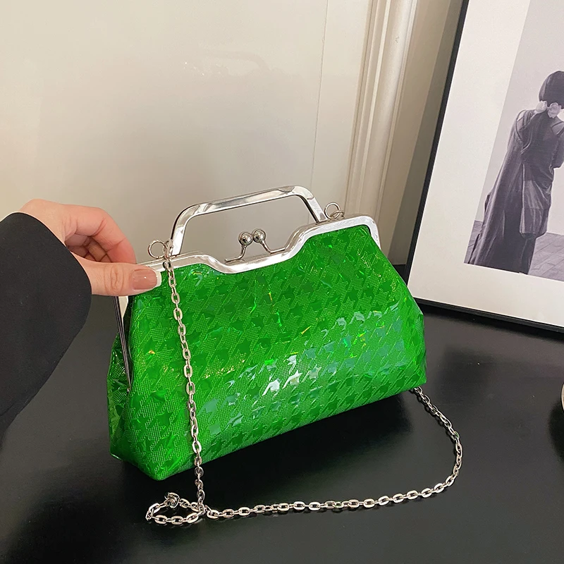 

Green Color Silvery Chain Bags for Woman Sparkling Diamond Grid PU Leather Texture Exquisite Evening Wedding Clutches Handbag