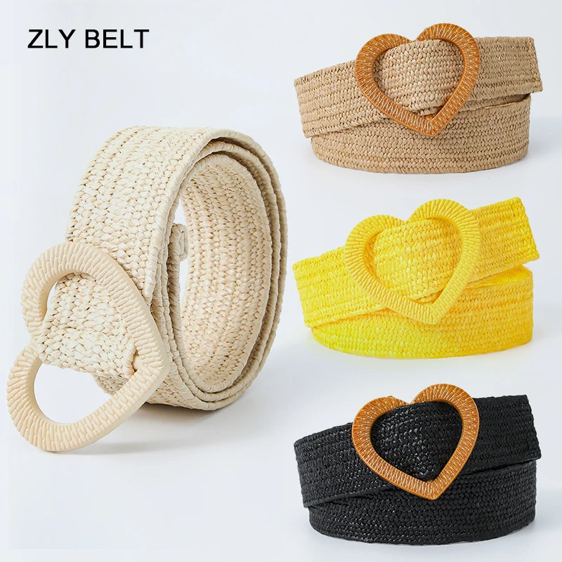 ZLY 2023 New Fashion Kniited Belt Women Men Colorful Straw Plaited Article Heart Pin Buckle Vintage Cute Luxury Jeans Coat Style