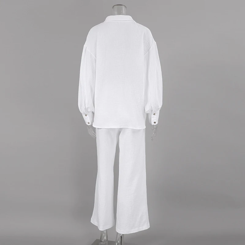 Solid Color Cotton Set Woman 2 Pieces Long Sleeve V Neck Sleepwear Female Loose Trouser Suits Casual Pajamas Sets 2023 Nightwear