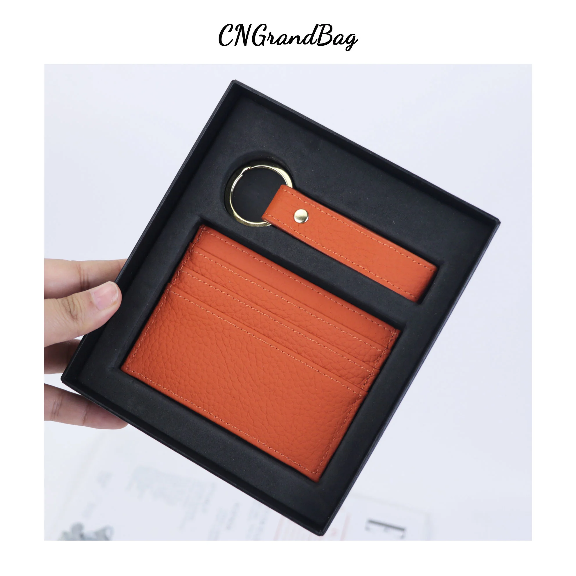 Free Customizable Hot Stamping Name Genuine Leather Cardholder Key Ring Gift Box Set