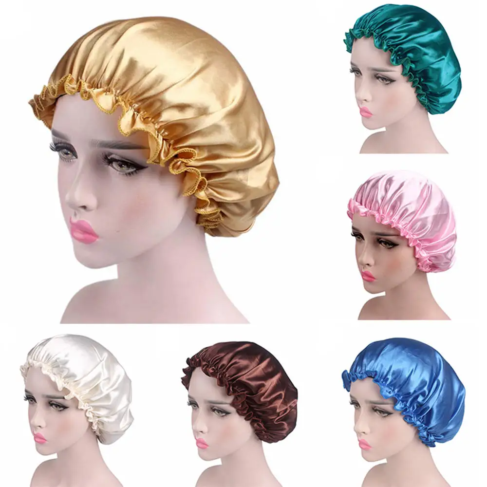 

Women Elastic Nightcap Satin Solid Night Sleeping Hat Hair Care Bonnet Nightcap For Men Unisex Bath Cap De Nuit Shower Turban