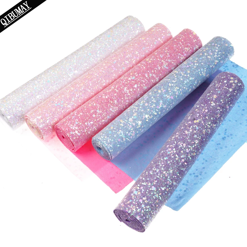 

QIBU 50x120cm Wholesale Chunky Glitter Fabric Purple White Synthetic Leather Roll for Handbag Decoration DIY Hairbow Accessories