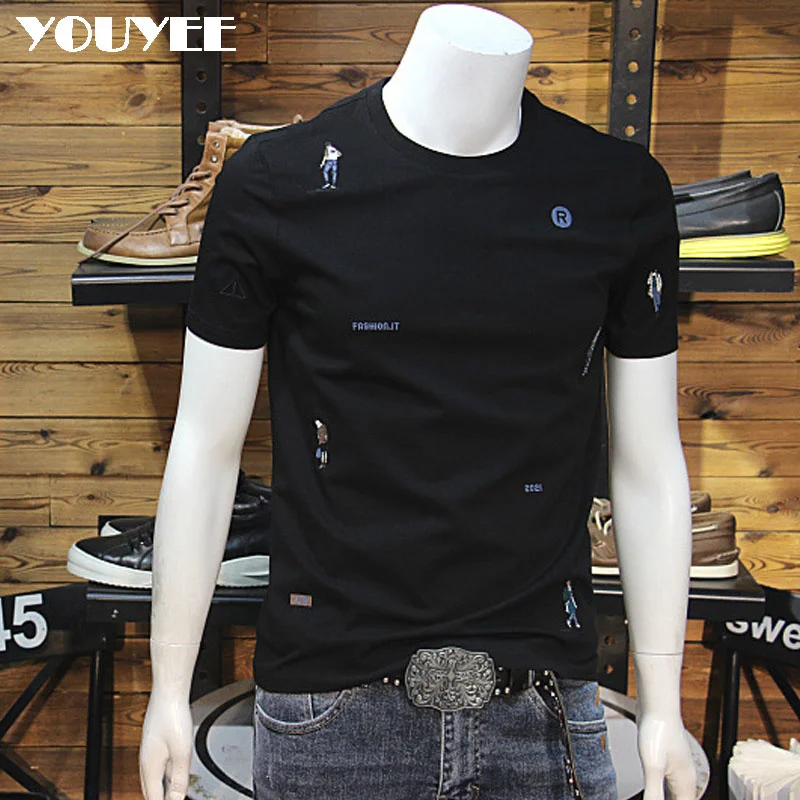 

Summer Mercerized Cotton Men's T-shirt Embroidery 2023 Slim Round Neck Elastic Short Sleeve Youth Handsome Fashion Tees Clothes