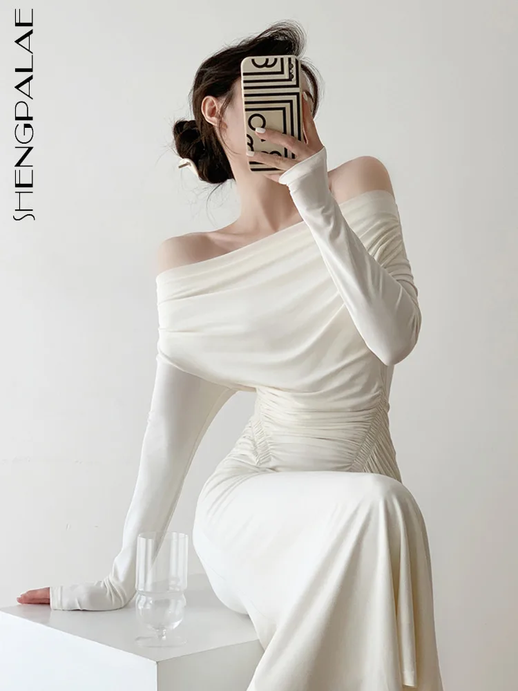 

SHENGPALAE French Shoulder Tuck High Grade Knitted Long Sleeve Causal Dress For Women 2023 Fashion Elegant New Clothes 5R7366