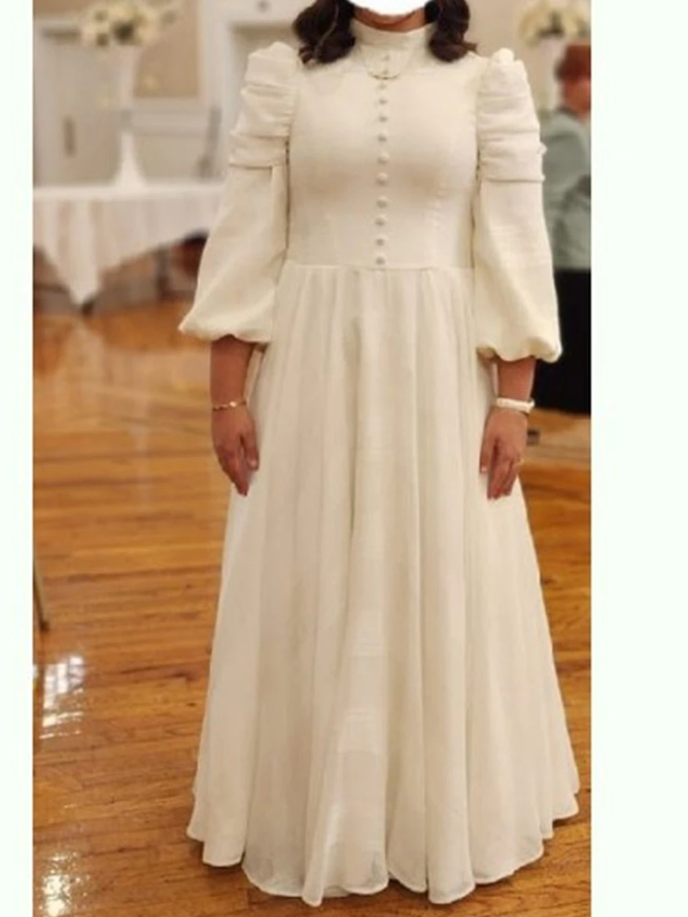 

Elegant Women's Wedding Party Dress White Chiffon A-Line High Collar Puffy Sleeves Party Gown
