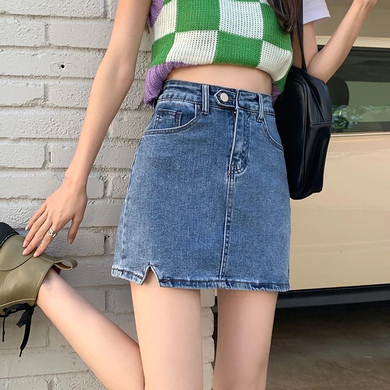 Denim Skirt Women's Summer Blue High Waist Jeans Shorts Casual Slim Versatile Split Wrap Hip A-line Short Skirt