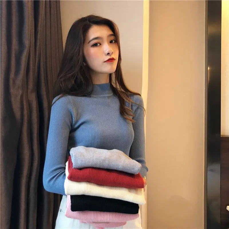 New Soft Bottom Mock-neck Sweater Women Slim Long-sleeved Solid Color Thin Half-high Collar Top Underlay Pullover korean