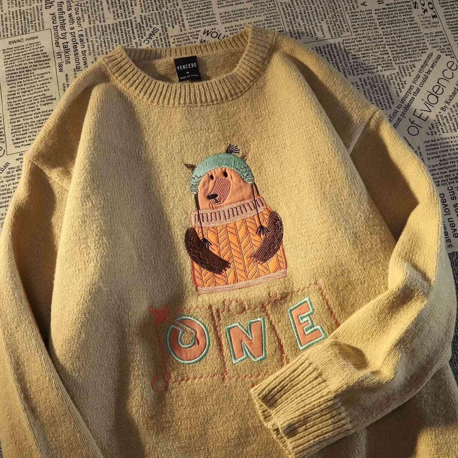 

Японский винтажный свитер с медведем Y2k для мальчиков и девочек на осень и зиму в гонконгском стиле просторный вязаный свитер с напуском и к...