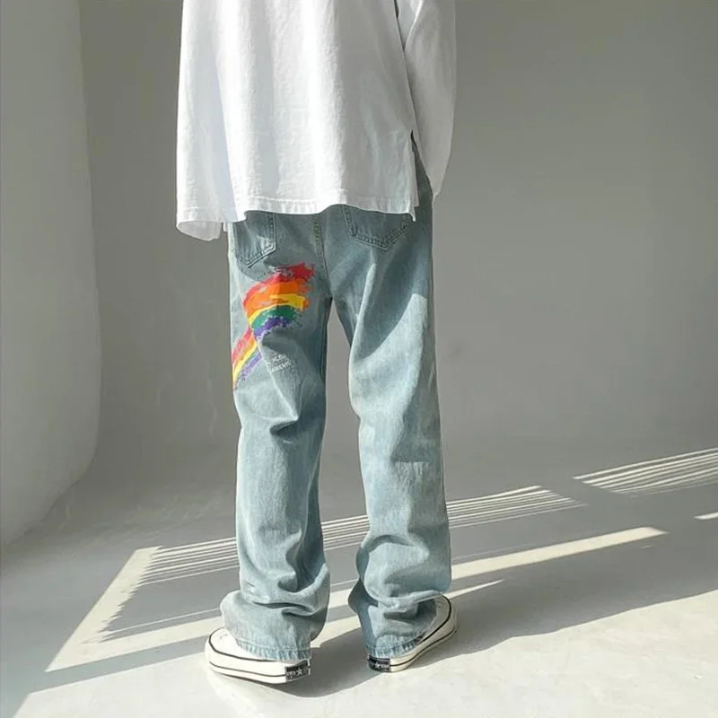 Printed Men's Jeans Fashion Straight Baggy Wide Pants Casual Blue Denim Trousers Streetwear Oversizde Male Bottoms Y2K Clothes