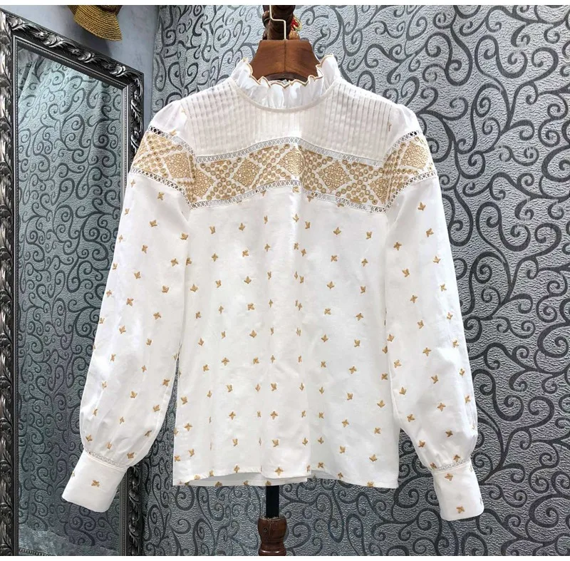 High Quality Cotton Blouses 2022 Autumn Style Women Exquisite Embroidery Long Sleeve Casual White Shirt Ladies Back Button Shirt