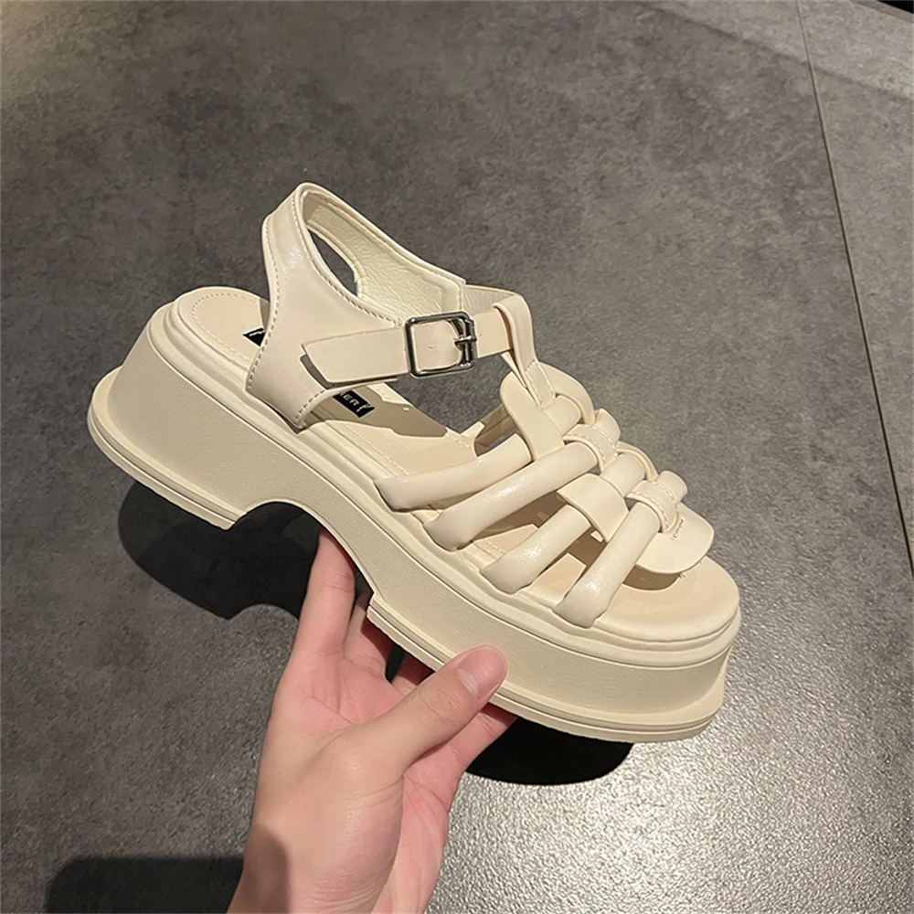 2022 Trend Women Candy Color Sandals Summer Platform Chunky Heels Open Toe Solid Weave Buckle Strap Ladies Punk Shoes Sandalias