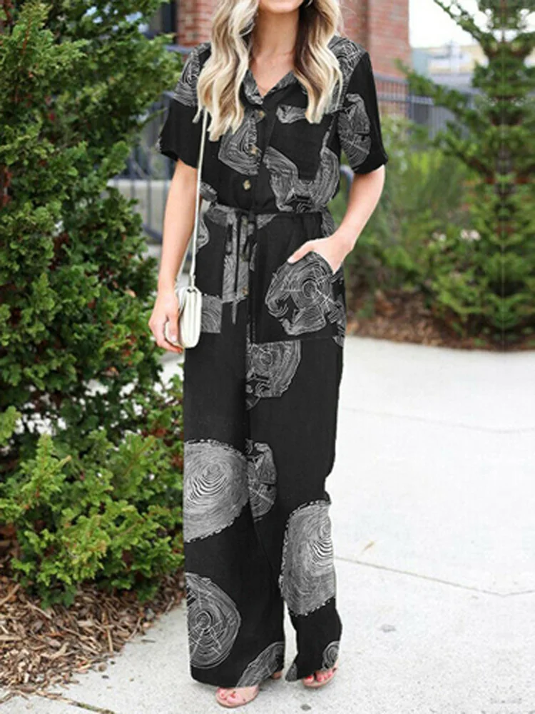 Women Fashion Pattern Print Party Shirt Jumpsuit Summer Casual Short Sleeve Straigth Romper Sexy Tie-up Waist Pocket Overalls