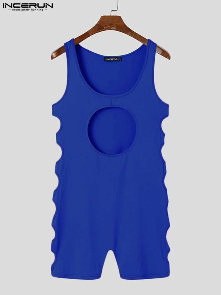 

INCERUN 2022 Men Pajamas Rompers O-neck Solid Color Homewear Sleeveless Hollow Out Jumpsuits Skinny Sexy Men Sleepwear Playsuits