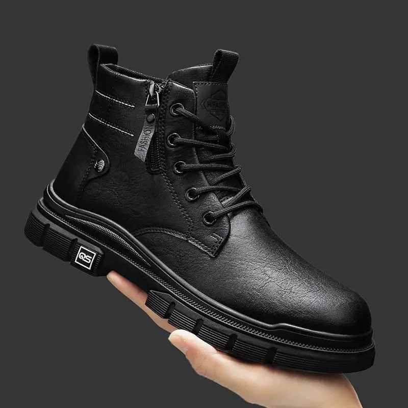 

Chelsea Men's Summer British Style High-Top Motorcycle Leather Boots Pure Black Middle Top Working Wear Casual