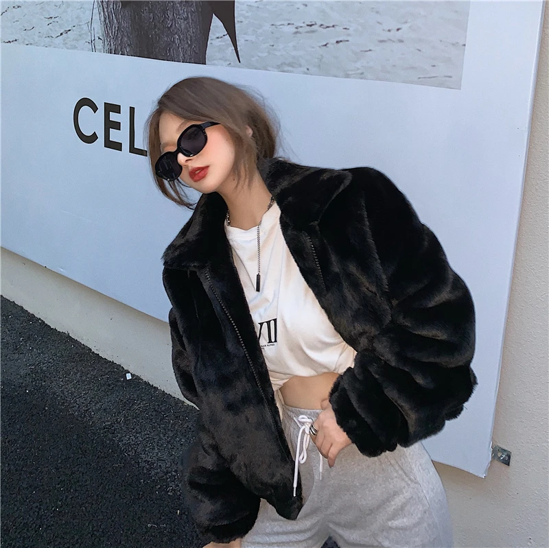 Korean Casual Plush Coat 2023new Green Short Faux Fur Coats Women Stand Collar Winter Thicken Warm Furry Jackets Woman Overcoat