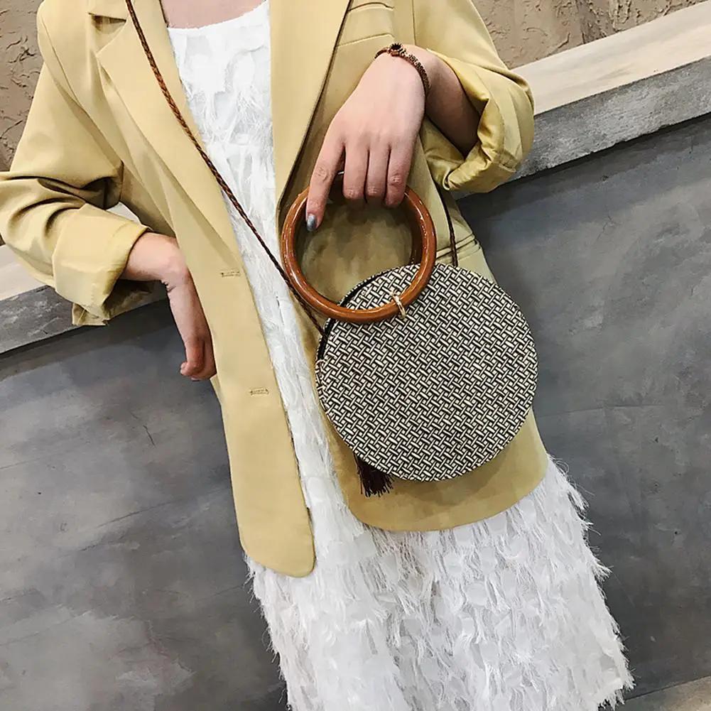 

Fashion Straw Small Shoulder Bags Round Women Tassel Splicing PU Leather Bohemia Crossbody Ladies Travel Knitting Handbags