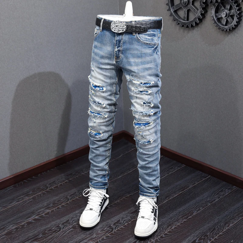 Streetwear Fashion Men Jeans Retro Blue Elastic Hole Skinny Ripped Jeans Men Patched Designer Stretch Hip Hop Brand Pants Hombre