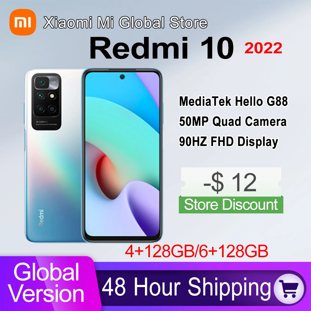 Global Version Xiaomi Redmi 10 2022 Phone 64GB/128GB MediaTek Helio G88 Octa Core 50MP Camera 90Hz FHD Display 5000mAh Battery