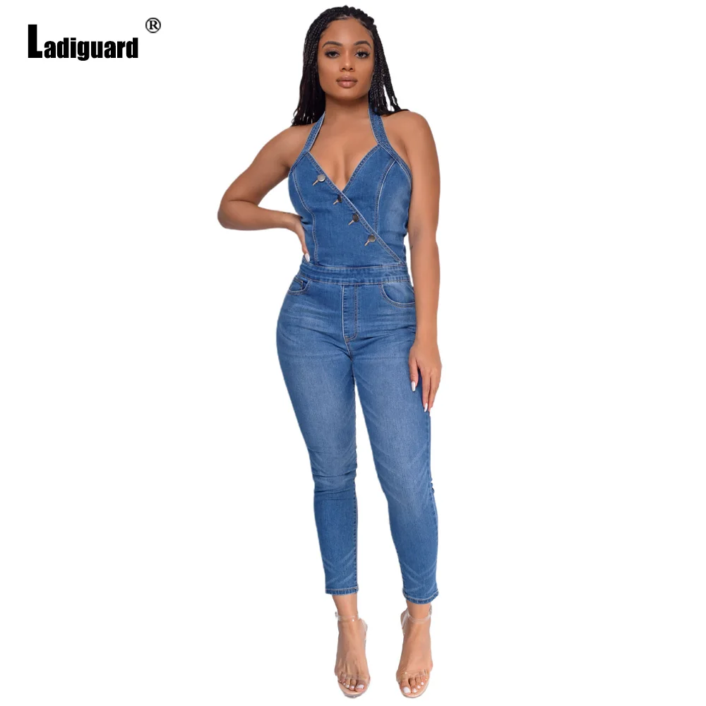 Ladiguard Sleeveless Women Fashion Jeans Halter Demin Jumpsuit Deep V-neck Slim Denim Bodysuits 2022 Patchwork Buttons Overalls