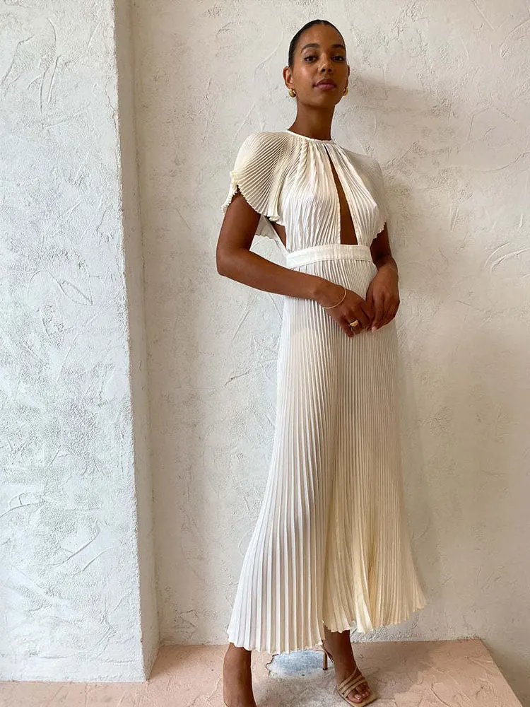 

RDMQ 2023 Elegant Flare Sleeve Hollow Out Pleated Women Fashion Backless A Line Dresses Spring O Neck Office Lady Solid Robe