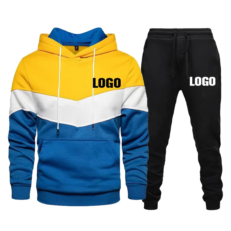 Custom LOGO Men's Sportswear Color Stitching Brand Hoodie + Pants 2 Pieces Set Spring Autumn Casual Jogging Suit Male Tracksuit