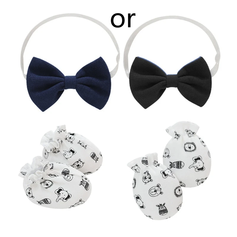 

Повязка на голову с бантом для новорожденных с варежками, накладки на ногу, набор в горошек, с принтом животных, перчатки для младенцев с защ...