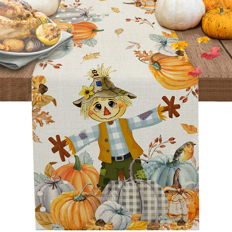 

Thanksgiving Plaid Table Runner Fall Pumpkin Maple Cat Dining Placemats Kitchen Hotle Decor Holiday Anti-stain Custom Tablecloth