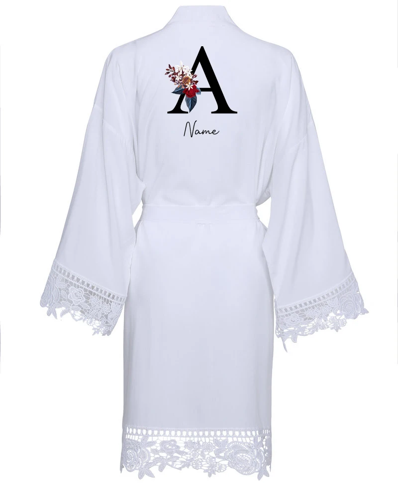Personalised Names Lace Robes Solid Rayon Cotton Kimono Bride Robes Women Bridesmaid Robes Sleepwear White Wedding Robes Women