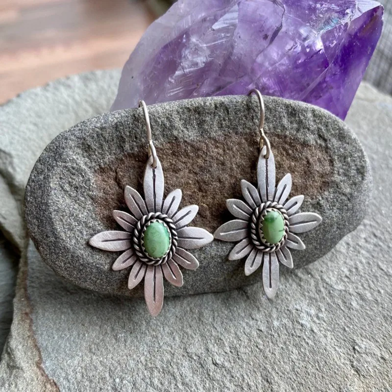 

Vintage Metal Artisan Statement Earrings Inlaid Bead Handmade Carved Cross Floral Hook Drop Earrings Jewelry for Women