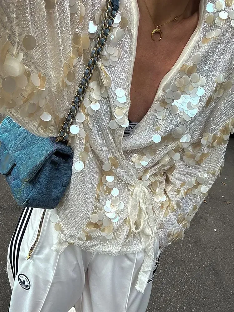 Женское кимоно с блестками Элегантная стильная куртка V-образным вырезом и