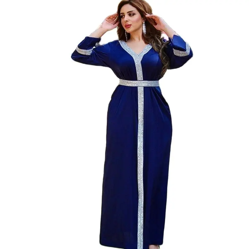 

Satin Maxi Dress Jalabiya Women Middle East Diamond V Neck Long Sleeve Tie Waist Muslim Islamic Clothes Abaya Turkey Dubai 2020