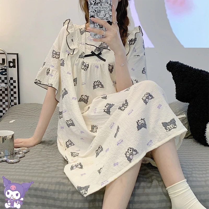 

Женская ночная рубашка с мультяшным принтом, ночная рубашка Kuromi Cinnamonll, ночные рубашки, Женская домашняя одежда, спальное платье, хлопковая ю...