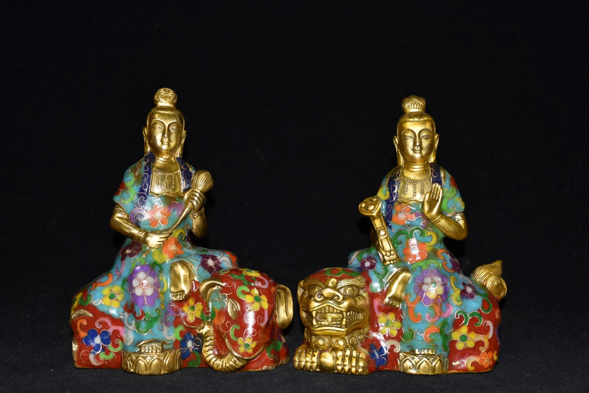 

7" Tibetan Temple Collection Old Bronze Cloisonne Enamel Manjushri Samantabhadra Buddha ride a beast worship buddha Town house