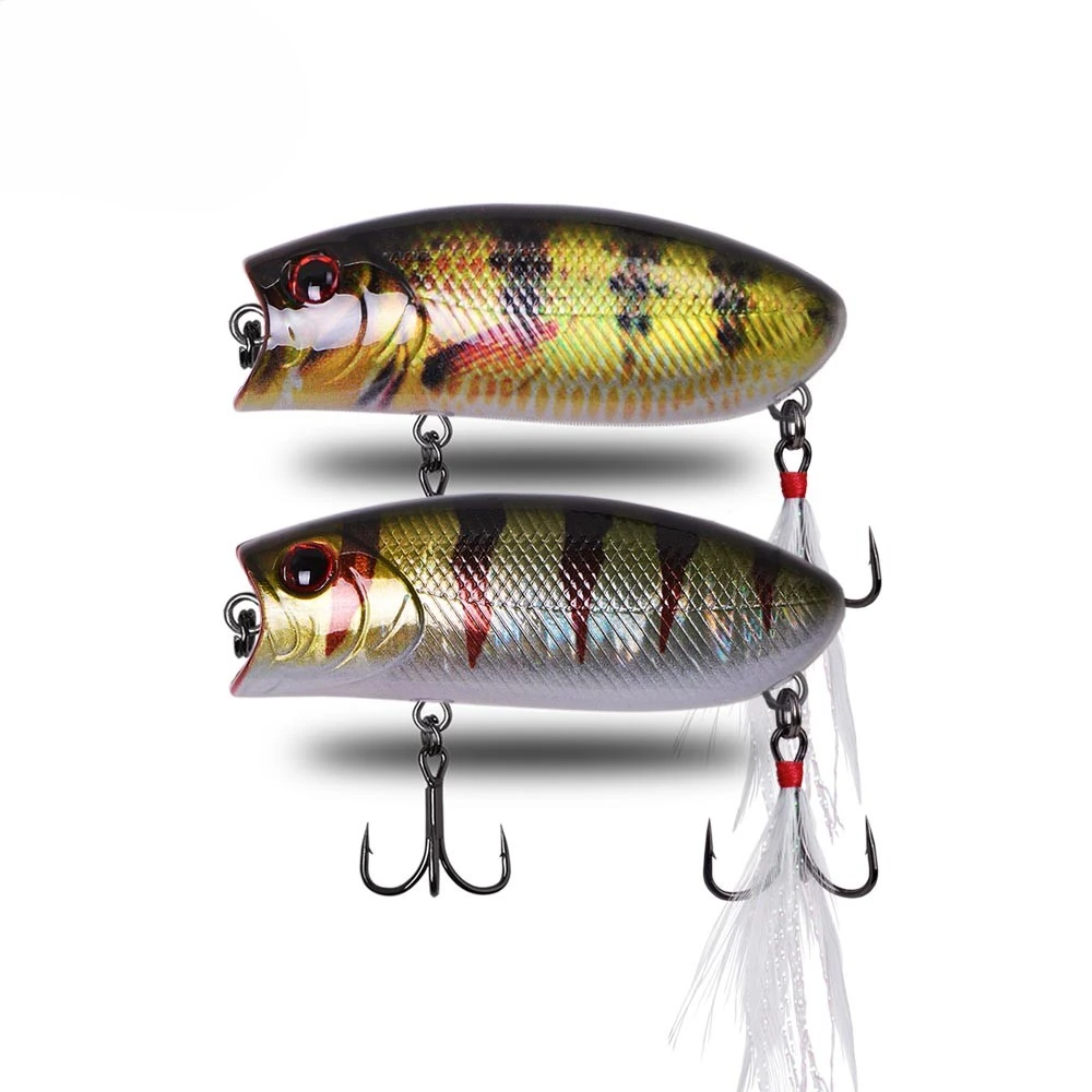 

55mm 11g Floating Topwater Bug Crankbaits Hard Surface Popper Bass Pike Bait Fishing Lure Tackle Hook With Feather