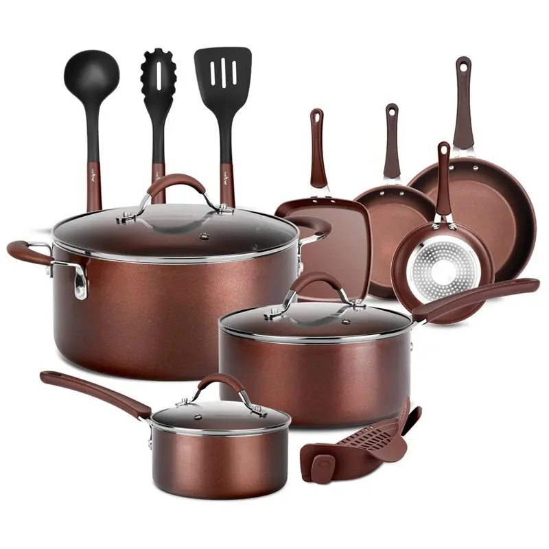 

14-Piece Non-Stick Kitchenware Pots & Pans High-Qualified Basic Kitchen Cookware, Brown Cooking Pot Sets for Effortless Cooking