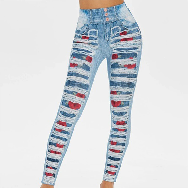 

Women 3D Jean Print Leggings Long Pants High Waist Fitness Pants Elastic Waist Skinny Fashion Casual Pants Trousers