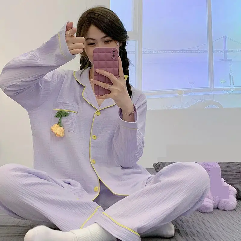 

Пижамный комплект из двух предметов, одежда для сна с лацканами, одежда для сна, нижнее белье, женская пижама, рубашка с длинным рукавом, брюки, женская одежда для дома