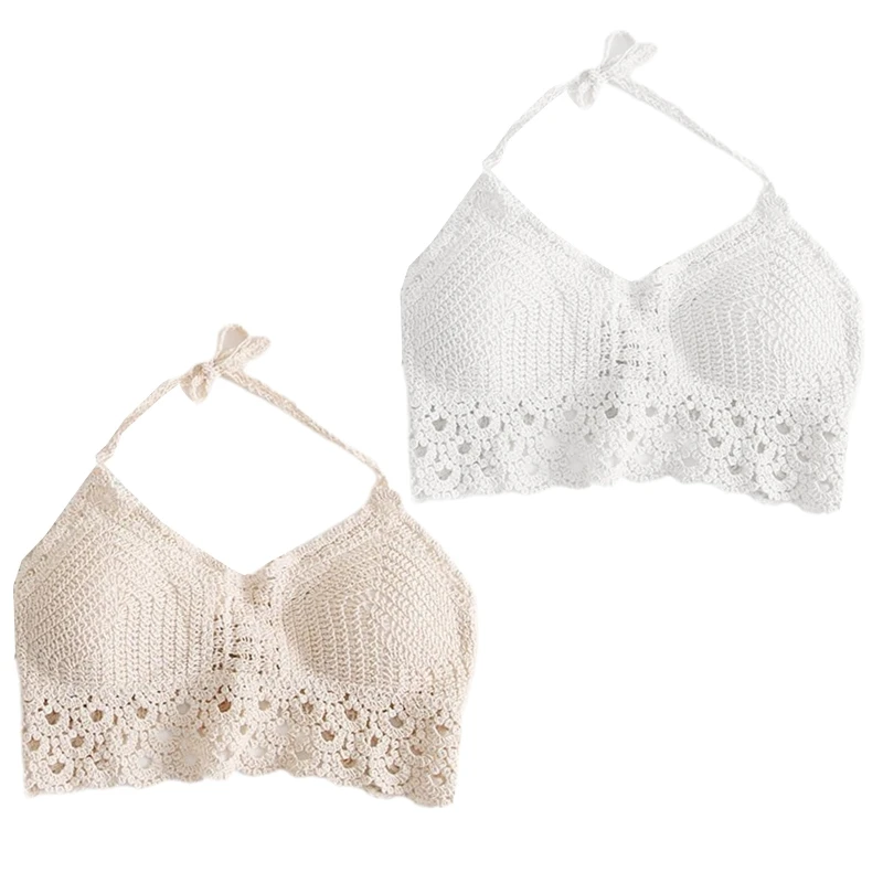 

Женское пляжное бикини с ажурным подолом H9ED, бюстгальтер вязаный укороченный топ, бюстье на бретелях