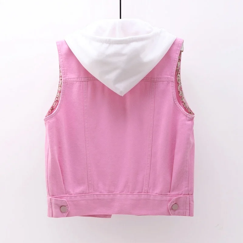 

Hooded Removable Short Denim Women Waistcoat Sleeveless Jacket Coat White Pink Lace Embroidery Jeans Vest Female Streetwear