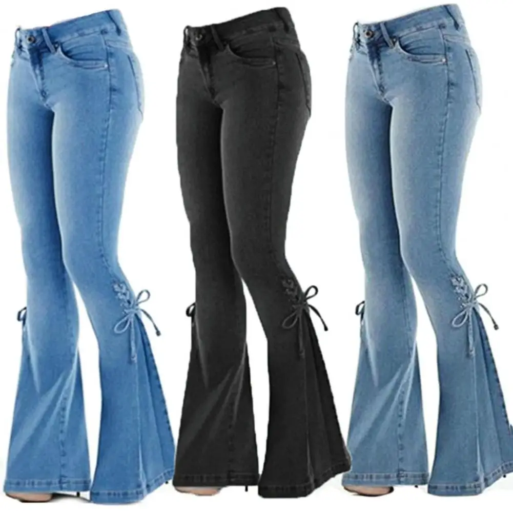 Mid Waisted Stretch Flare Jeans Women Denim Pants Wide Leg Butt-lifted Casual Korean Style Skinny Bell Bottom Pocket Pantalones