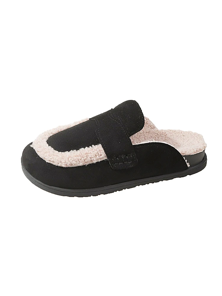 Обувь Тапочки Плоские средние шлепанцы с закрытым носком Платформа Меховые Флок