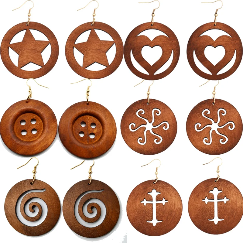 

Women Vintage Brown Color Round Circle Geometric Wooden Drop Earrings Statement Wood Dangle Earrings Fashion Jewelry Accessories