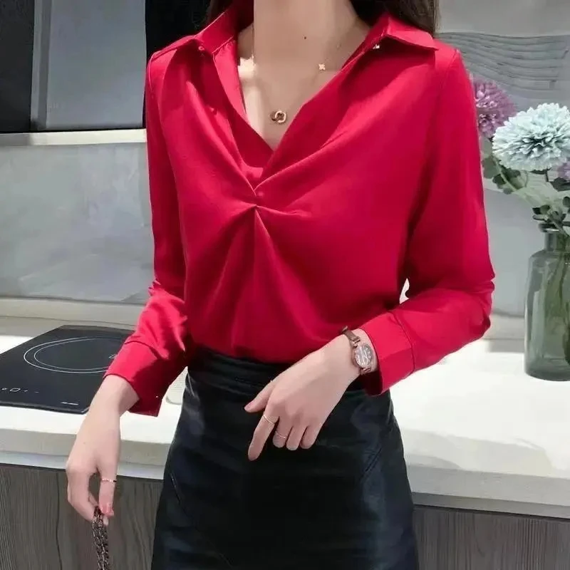 

Simulation Silk Shirt Female 2022 Spring New Design Fashion Pullover Tops Womens All-match Temperament Long-sleeved Blouse