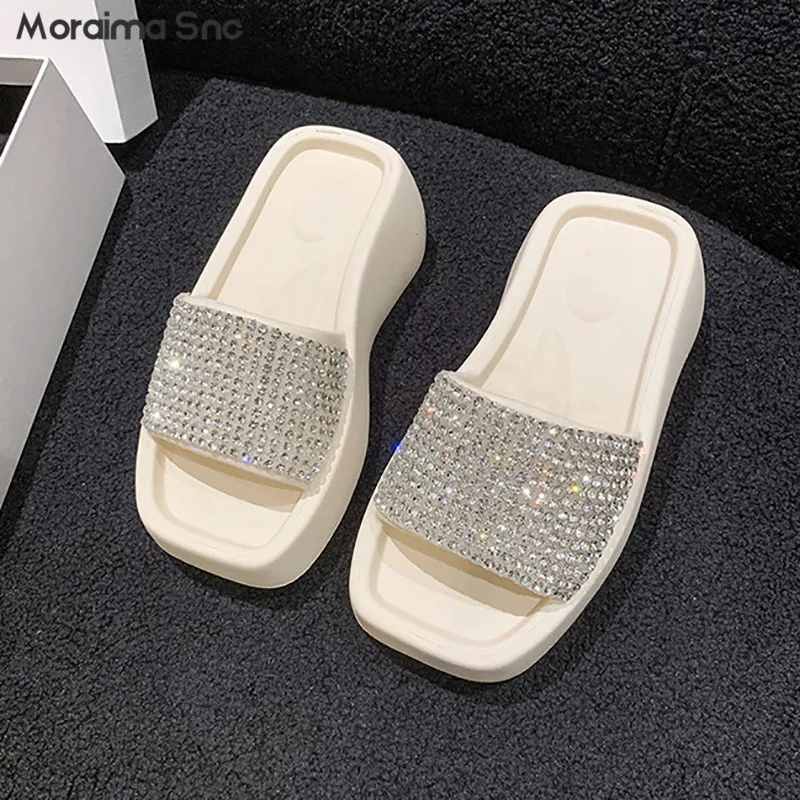 Sparkling Rhinestone Platform Slippers Summer New Round Toe High-Heeled Solid Color Seaside Open-Toed Beach Fashion Sandals