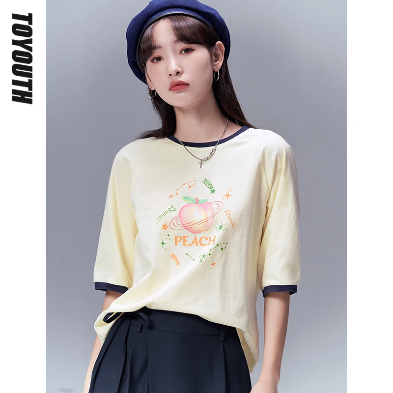 

Toyouth Women Tees 2022 Spring Short Sleeves O Neck Loose T-shirts Color Contrast Peach Print Casual Basic Tops