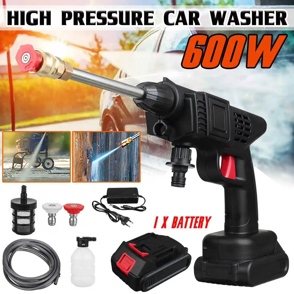 

600W 24V Wireless Car Washer Cleaner Portable Handheld Car Wash Water Gun High Pressure Washer Foam Generator for Makit Battery