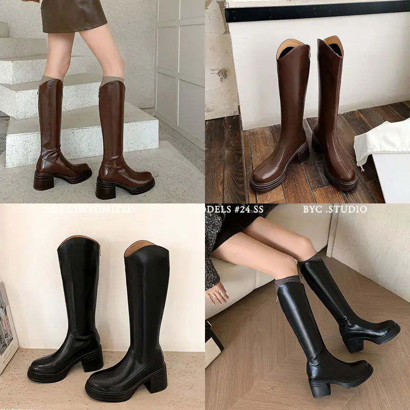Женские кожаные сапоги до колена из натуральной телячьей кожи с верхом и валом на