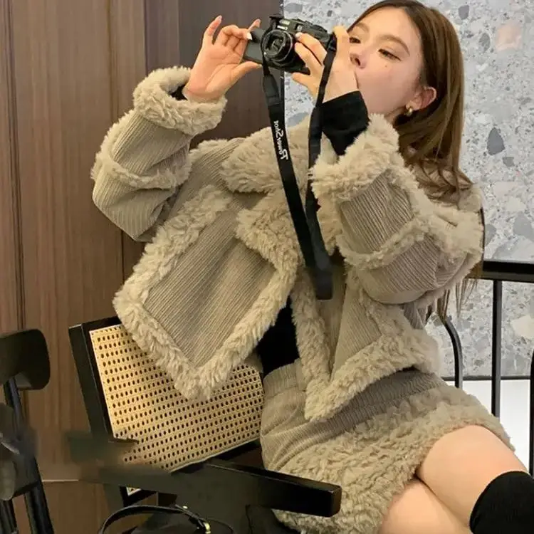 Корейское двухсекционное зимнее женское ретро-стиль модное пушистое короткое